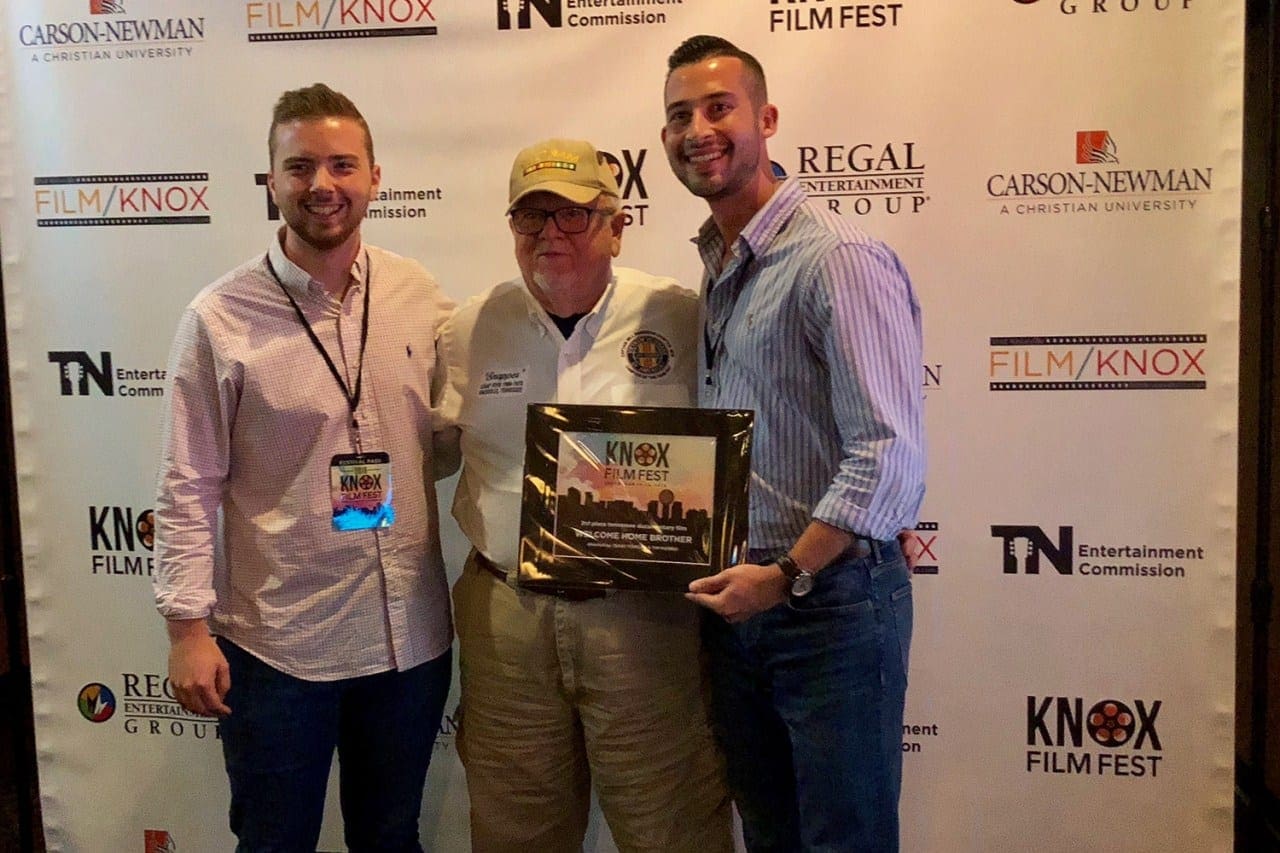 Isaac Fowler, left, and Tim Morris, right, with Doug (Snapper) Morgan, a Vietnam veteran featured in Welcome Home Brother, at the Knox Film Festival. 