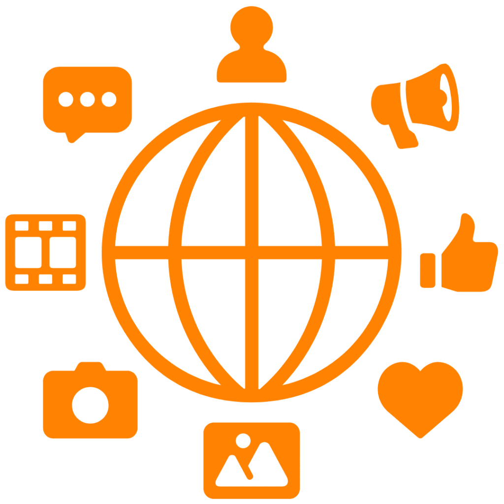 An orange icon of a globe with various media icons around it representing film, video, social media, writing, and more.