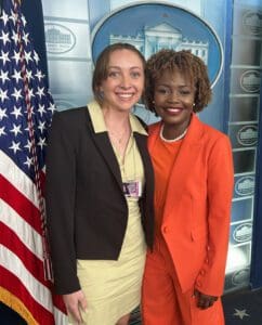 School of Journalism and Electronic Media student Abby Ann Ramsey (left) with White House Press Secretary Karine Jean-Pierre.