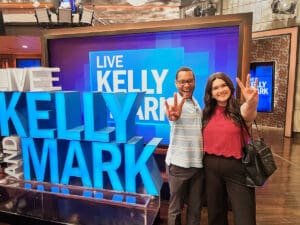 School of Journalism and Media alumni Aubrey Caster and Valentina Gómez on the set of LIVE with Kelly and Mark as part of the 2023 IRTS Summer Fellowship Program.